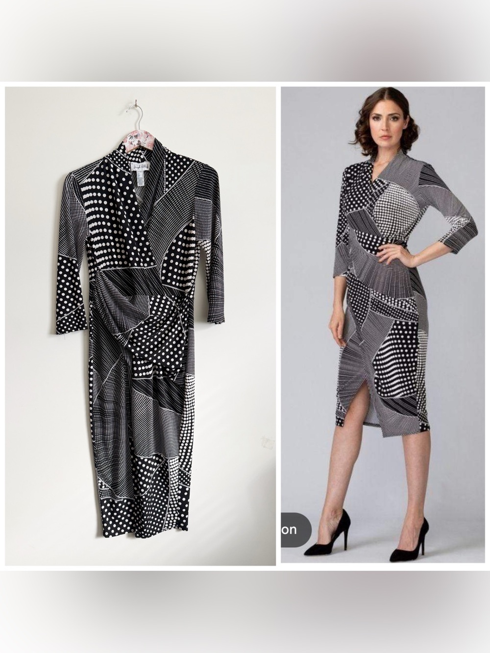 JOSEPH RIBKOFF Black & White Dress Style 201470 V-Neck Faux Wrap Size 6